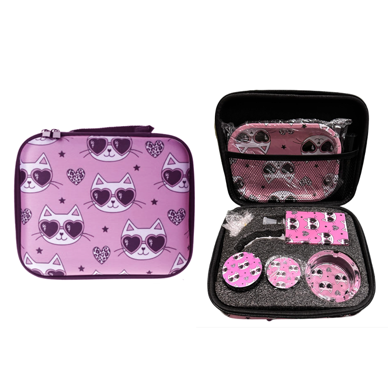 Zipper Set Smoking Pink, Cat-Themed with Ashtray, Grinder, Tray, Bong and Containers Gift Set SS-0010