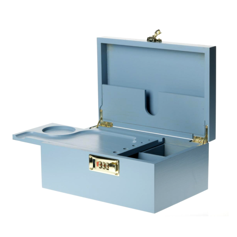 High Quality Blue Bamboo Wooden Stash Box with Lock, Wood Rolling Tray