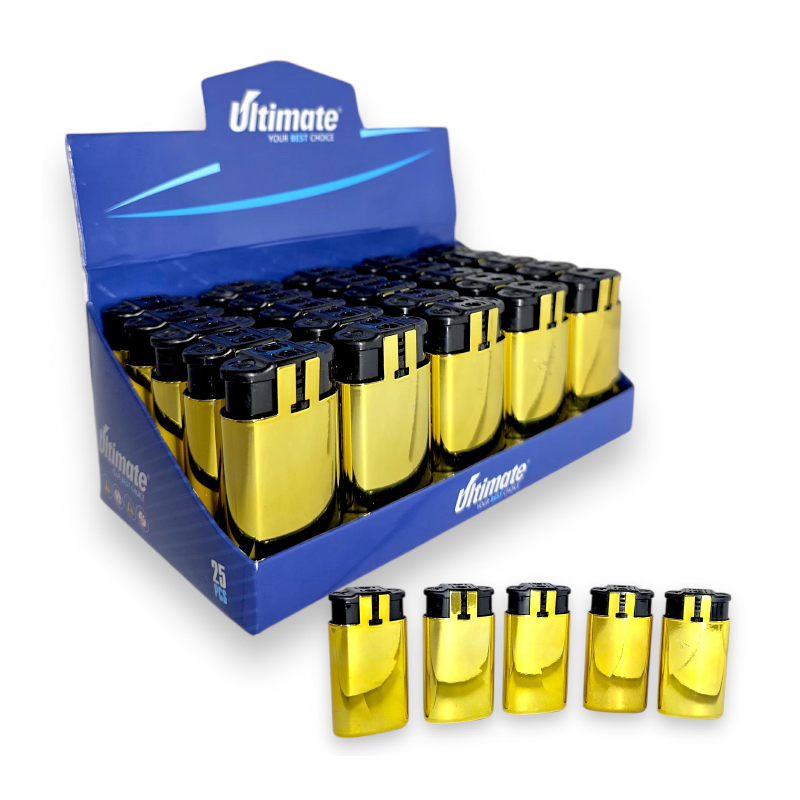 Ultimate Dual Flame Lighter Metal Gold 25 Pack (Windproof + soft flame)