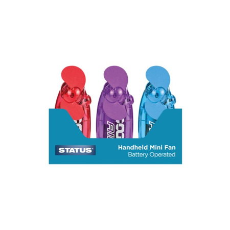 2.5" Hand Held Mini Fan - Status - Assorted Colours - Blue Red Purple - with batteries - 12 pack
