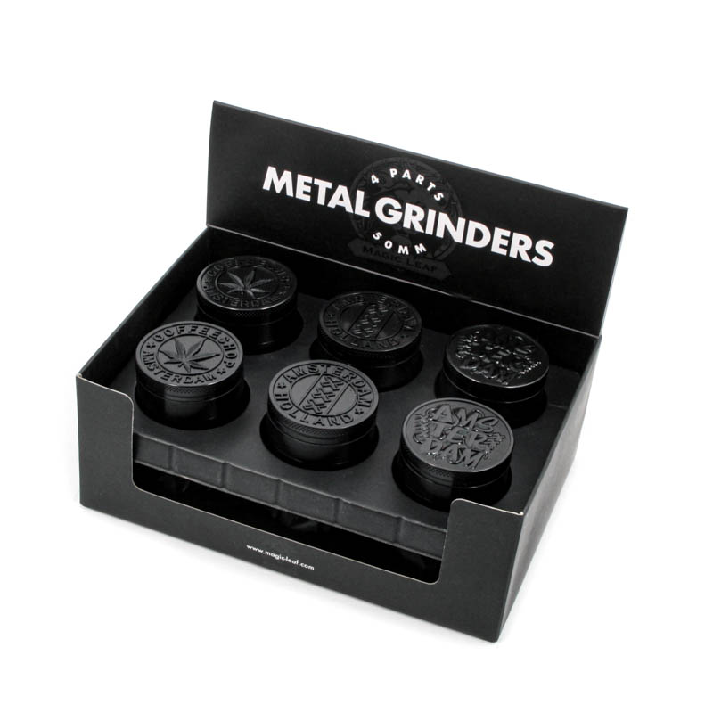 Metal Grinder 4parts 50mm 3D Embossed Amsterdam Black 12 Pack