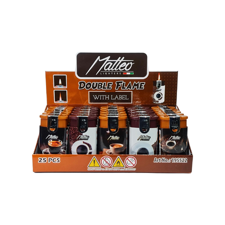 Matteo Double Flame Lighter Soft Flame & Windproof - Random Assorted Designs 25 pack 195902