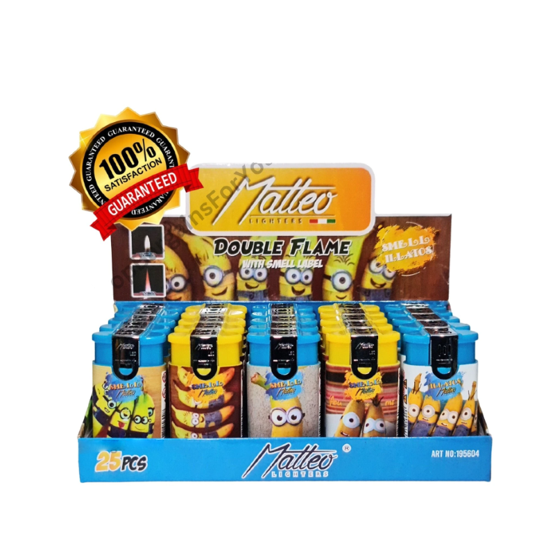 Matteo Double Flame Lighter Soft Flame & Windproof - Random Assorted Designs 25 pack 195902