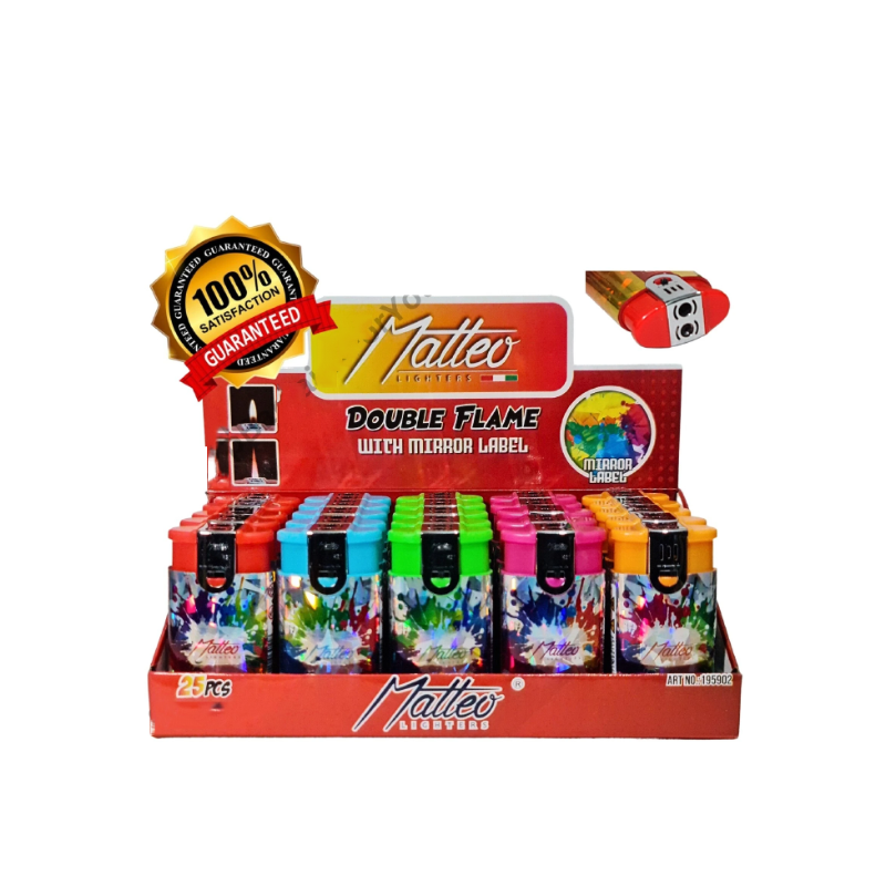 Matteo Double Flame Lighter Soft Flame & Windproof - Random Assorted Designs 25 pack 195902