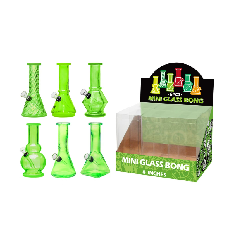 Mini Glass Bong Green Assorted Design 6inch x 6 SS-1355