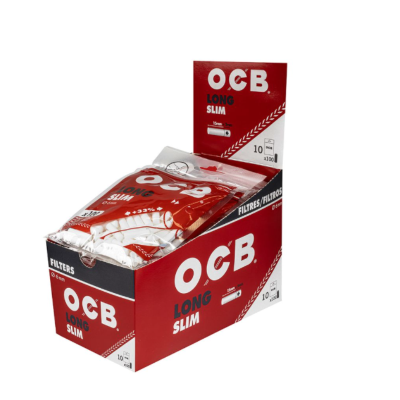 OCB Long Slim Filters – 100 Filters Tips per Pack | 10 bags Display Box