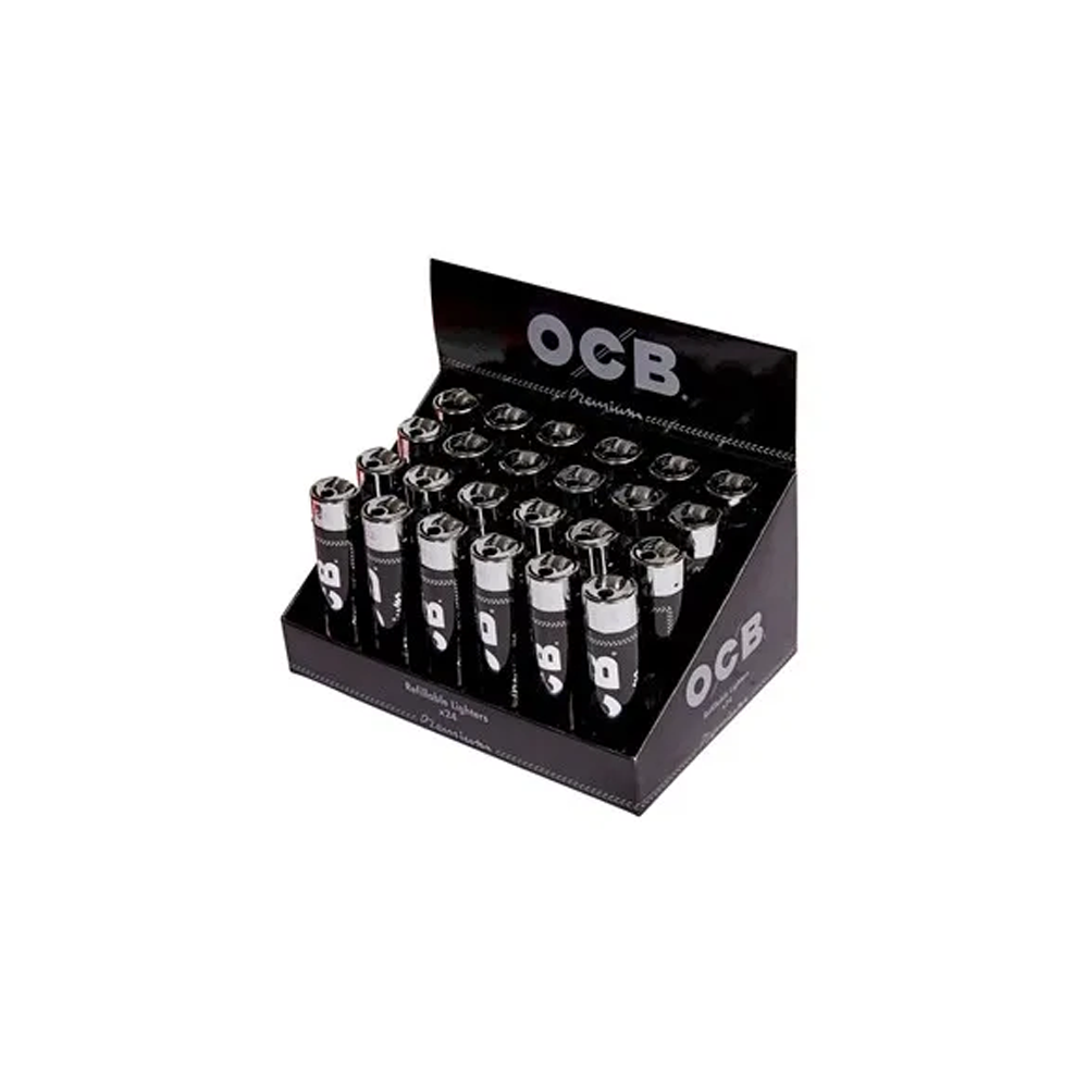OCB Black Round Lighter Electronic Refillable 24 pack
