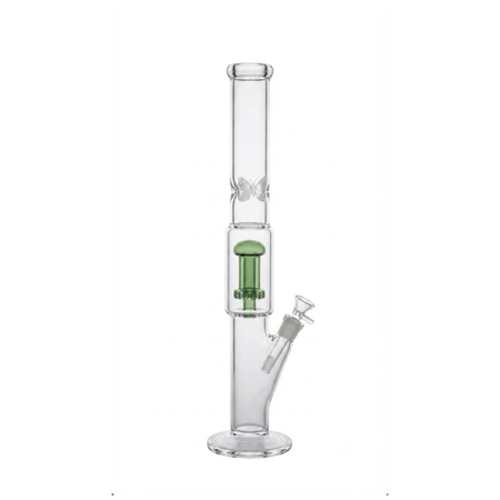 Clear Glass Straight Tube Water Pipe with Green Mushroom Perc & Butterfly Design | Premium Glass Bong
