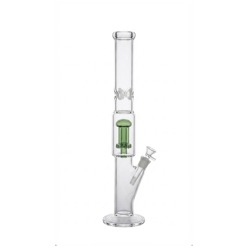 Clear Glass Straight Tube Water Pipe with Green Mushroom Perc & Butterfly Design | Premium Glass Bong