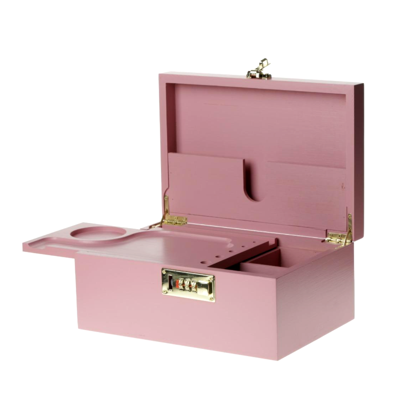 High Quality Pink Bamboo Wooden Stash Box with Lock, Wood Rolling Tray