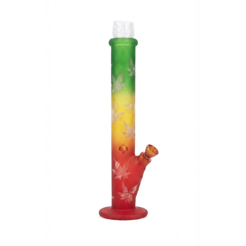 Rasta Rainvow Frosted Glass Bong with Leaf Design | Straight Tube Water Pipe x 1 boxed