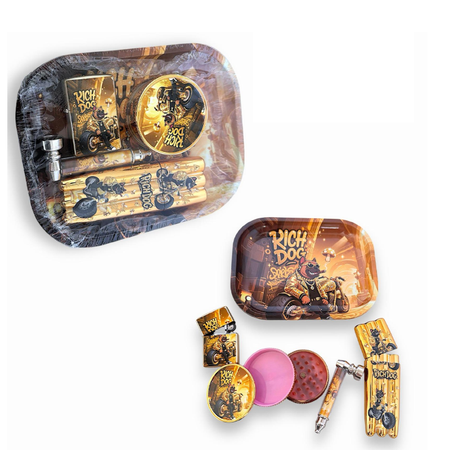 Rich Dog Metal Tray Set Oil Lighter + Small Metal Pipe + Plastic grinder + 3pc Joint Holder GS3066