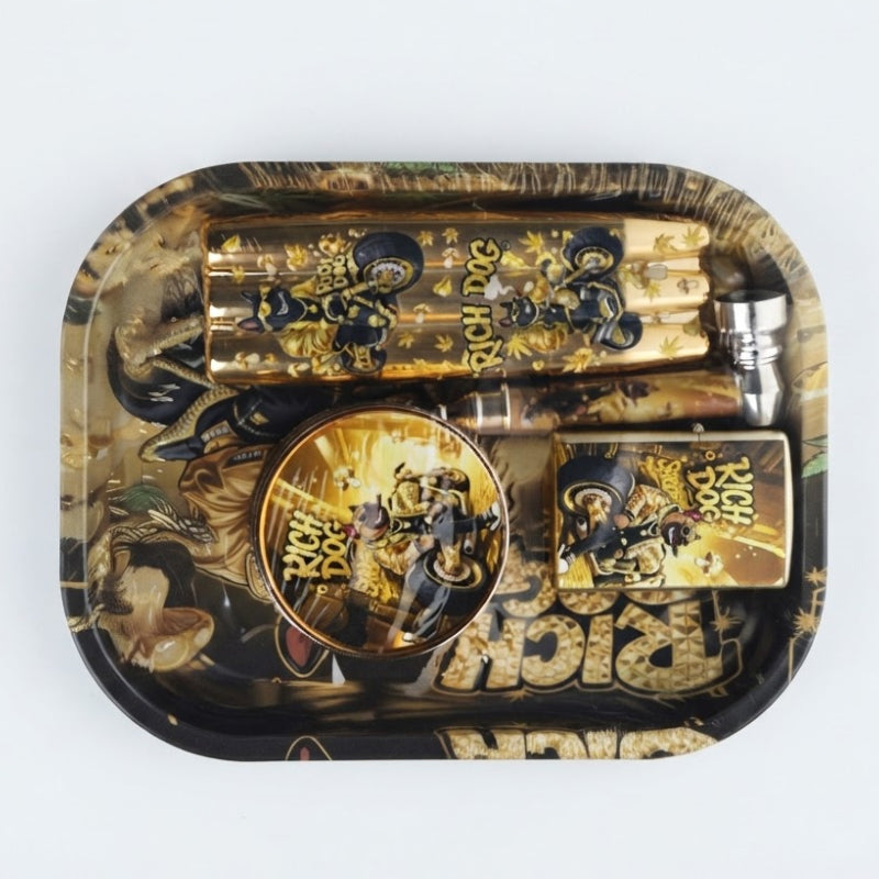Rich Dog Tray Gift Set – Oil Lighter, Small Metal Pipe, Plastic Grinder & 3-Piece Joint Holder SS-2176