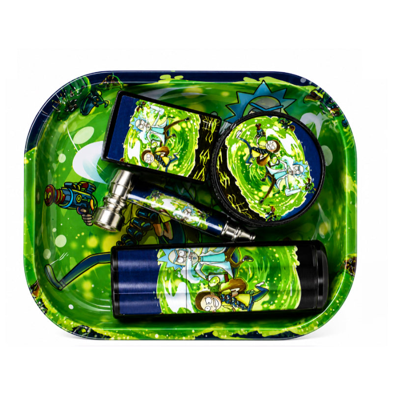 Ricky & Morty Metal Tray Gift Set – Oil Lighter, Small Metal Pipe, Plastic Grinder & 3-Piece Joint Holder SS-2176