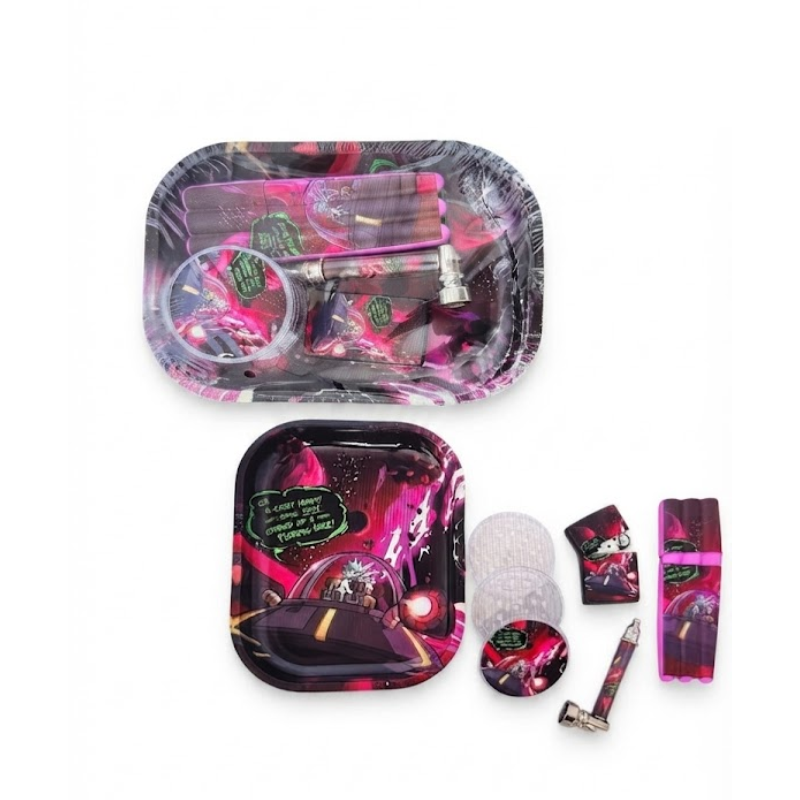 Ricky & Morty Metal Tray Gift Set – Oil Lighter, Small Metal Pipe, Plastic Grinder & 3-Piece Joint Holder | SET469-RM GS3072
