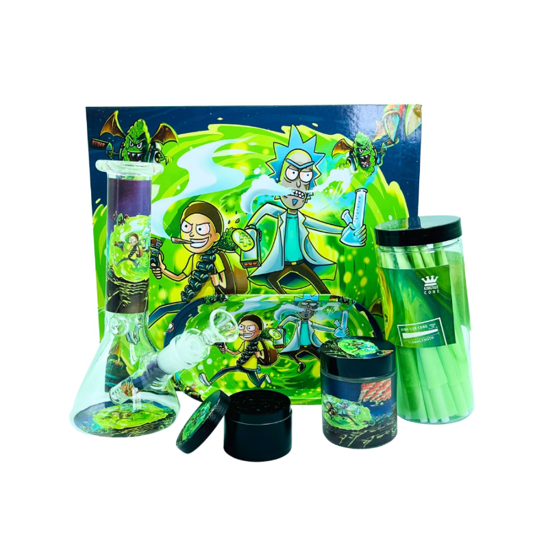 Rick & Morty 8″ Beaker Water Pipe Bong Full Gift Box Set – Metal Tray, Grinder, Stash Jar & 20 Cones