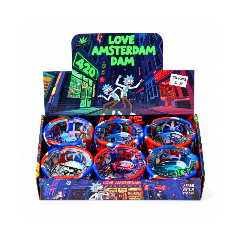 Love Amsterdam Glass Ashtrays with Silicone Sleeves – 85mm – 6-Piece Display | SS-0968