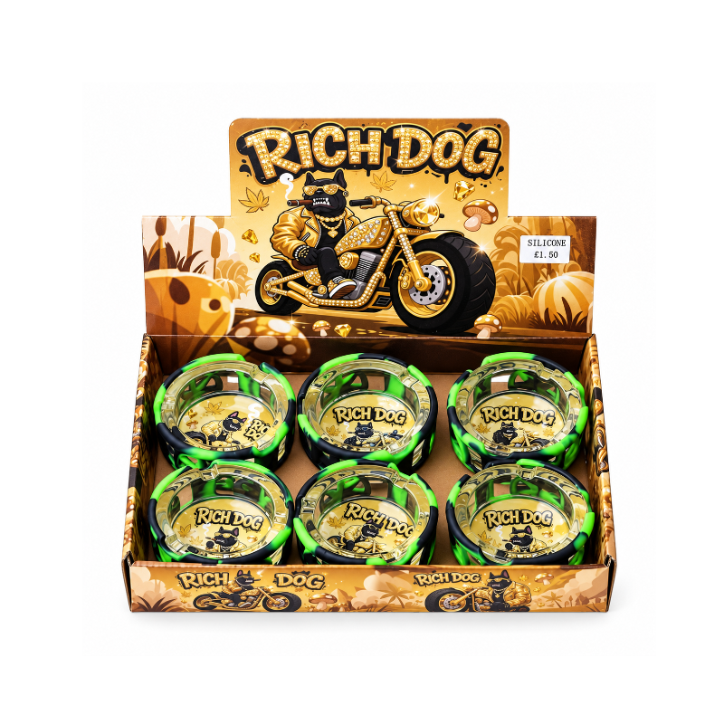 Rich Dog Glass Ashtrays with Silicone Sleeves – 85mm – 6-Piece Display | SS-0975