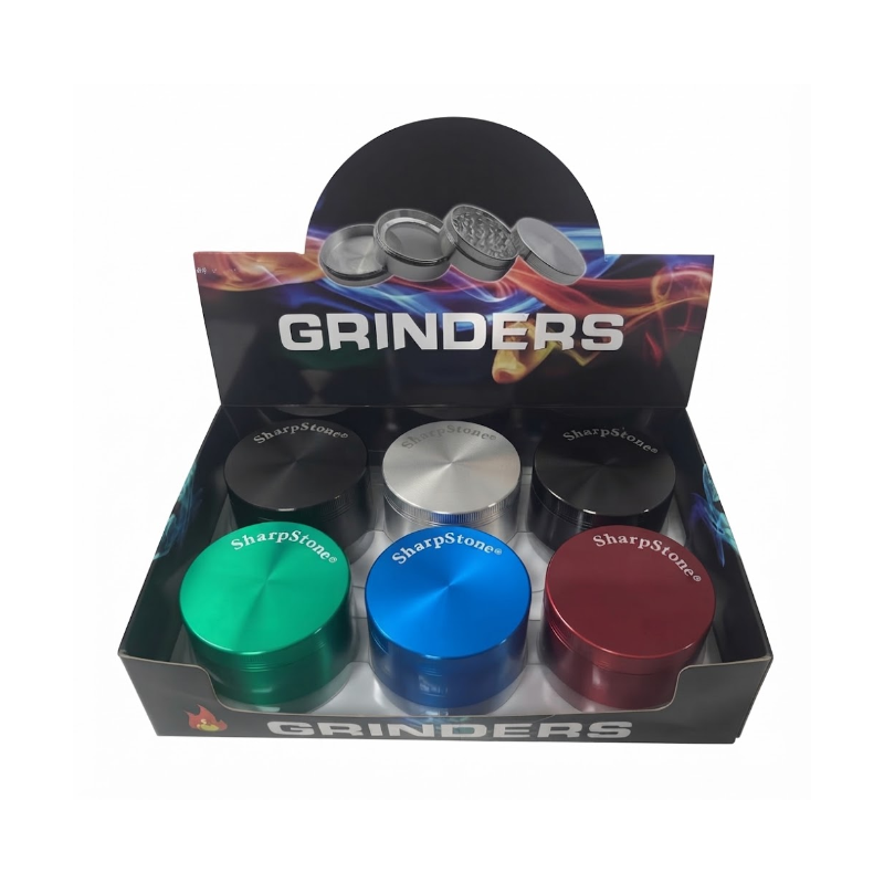Premium Metal Herb 55mm Grinder Set – 6 Piece Display Box | with Clear Lid Assorted Colors SS-1125