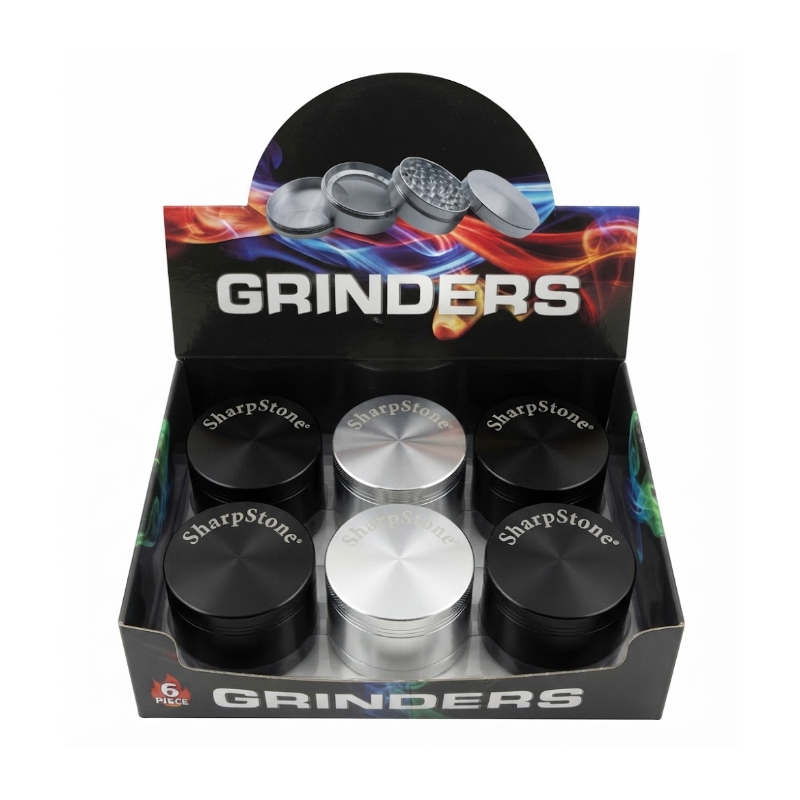 Premium Metal Herb 55mm Grinder Set – 6 Piece Display Box | with Clear Lid Assorted Colors SS-1132