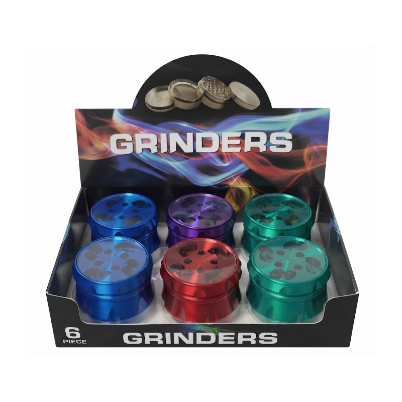 Premium Metal Herb 63mm Grinder Set – 6 Piece Display Box | with Clear Lid Assorted Colors SS-1149