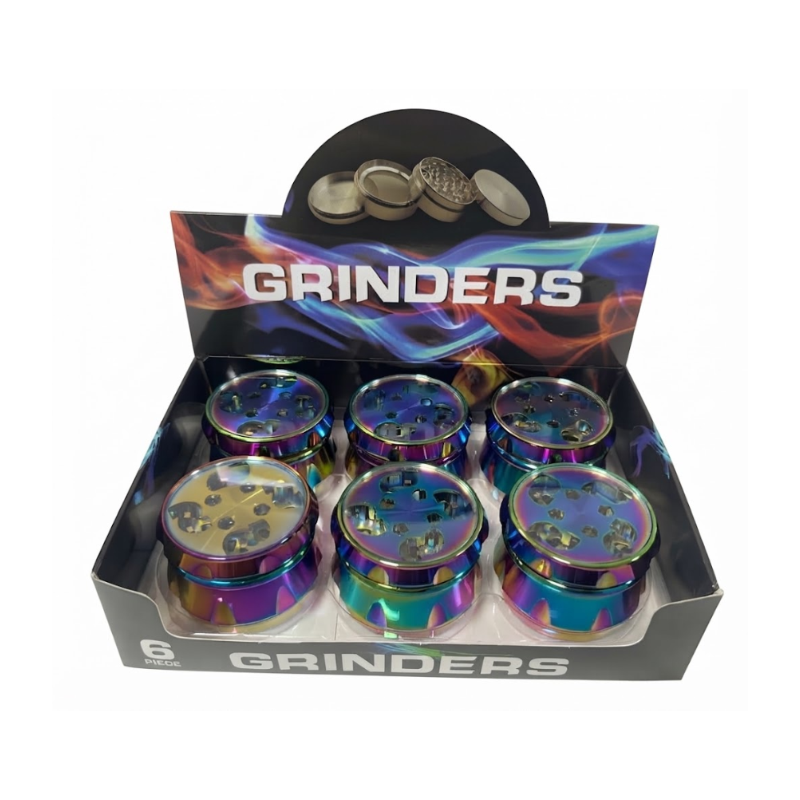 Premium Metal Herb 63mm Grinder Set – 6 Piece Display Box | with Clear Lid Assorted Colors SS-1156