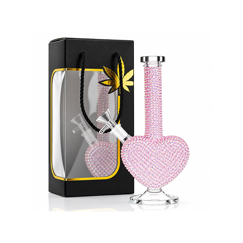 Pink Rhinestone Heart-Shaped Glass Bong with Gift Box 23cm | SS-1165