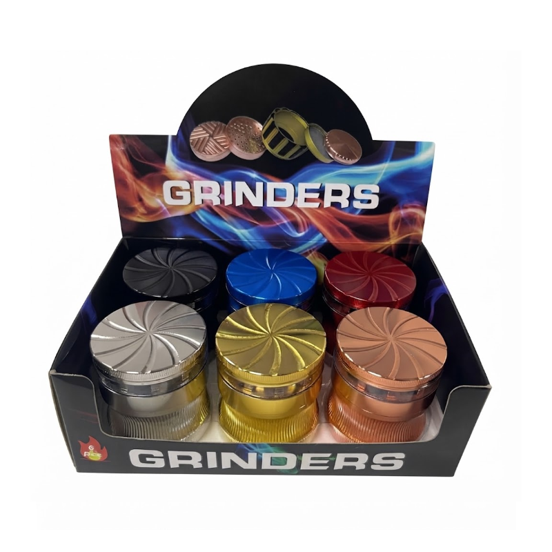 Premium Metal Herb 63mm Grinder Set – 6 Piece Display Box | with Clear Lid Assorted Colors SS-1187