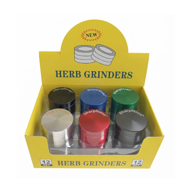 Premium Metal Herb 63mm Grinder Set – 6 Piece Display Box | with Clear Lid Assorted Colors SS-1200