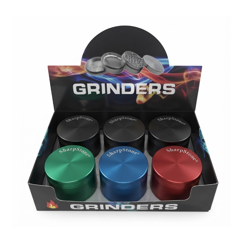 Premium Metal Herb 63mm Grinder Set – 6 Piece Display Box | with Clear Lid Assorted Colors SS-1217