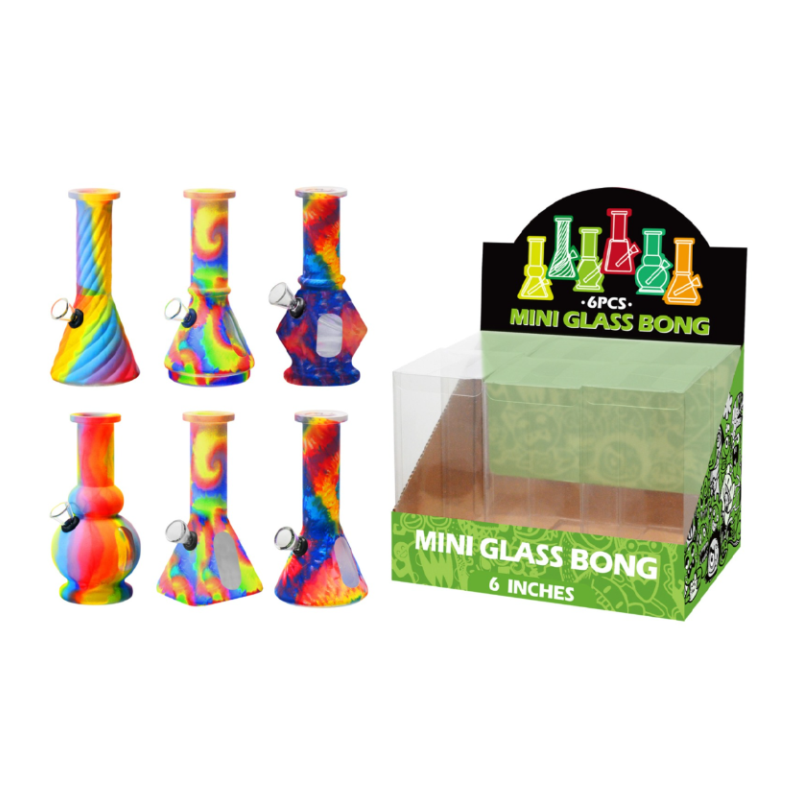 Mini Glass Bong Rainbow Assorted Design 6inch x 6 SS-1242
