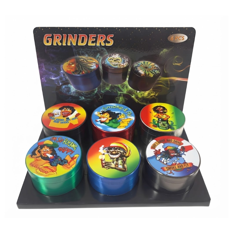 Premium Metal Herb 63mm Grinder Set – 6 Piece Display Box | with Clear Lid Assorted Colors SS-1248