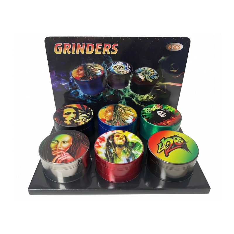 Premium Metal Herb 63mm Grinder Set – 6 Piece Display Box | with Clear Lid Assorted Colors SS-1255