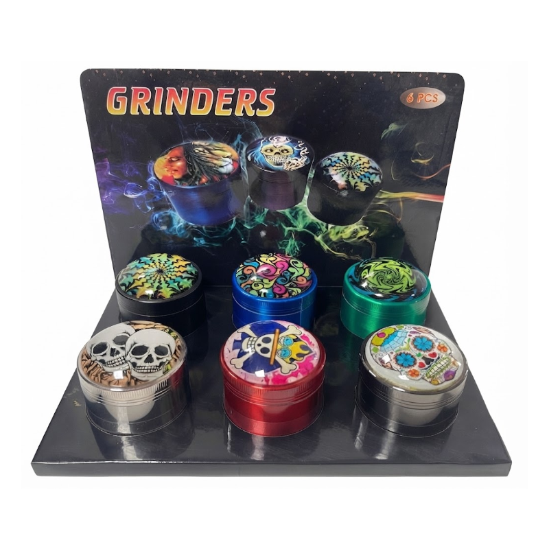Premium Metal Herb 63mm Grinder Set – 6 Piece Display Box | with Clear Lid Assorted Colors SS-1262