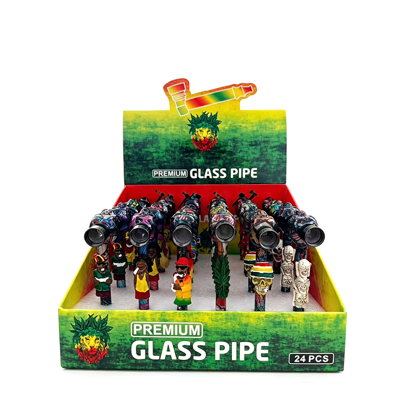 Premium Rasta Glass Pipe – Assorted Designs, 24-Piece Display Box SS-1268