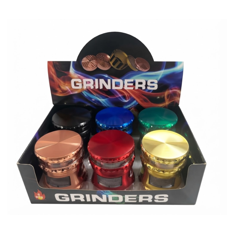 Premium Metal Herb 63mm Grinder Set – 6 Piece Display Box | with Clear Lid Assorted Colors SS-1309