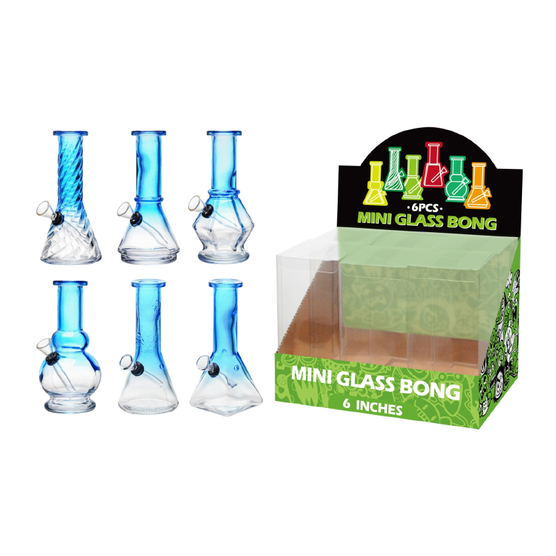 Mini Glass Bong Blue Assorted Design 6inch x 6 SS-1362