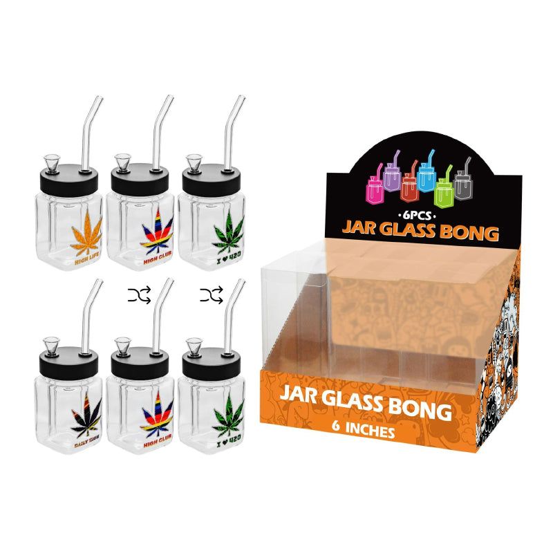 Jar Glass Bong Leaf Assorted Design 6inch x 6 SS-1366