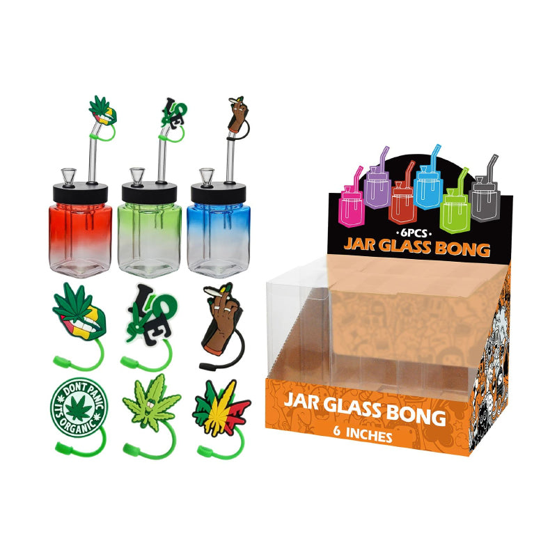 Jar Glass Bong Green Leaf Assorted Design 6inch x 6 SS-1632