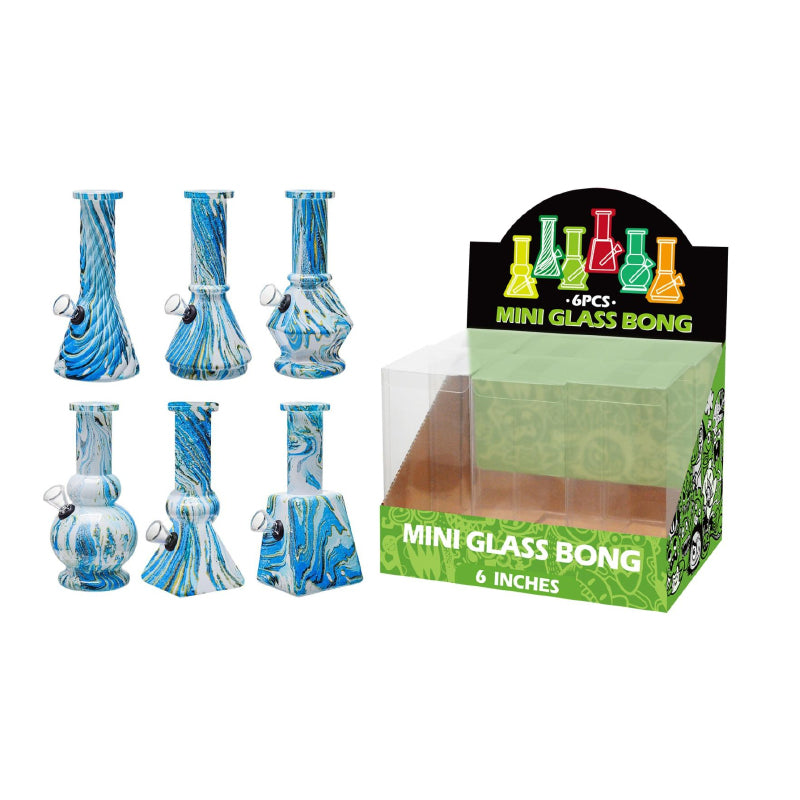 Mini Glass Bong Assorted Blue & White Design 6inch x 6 SS-1638
