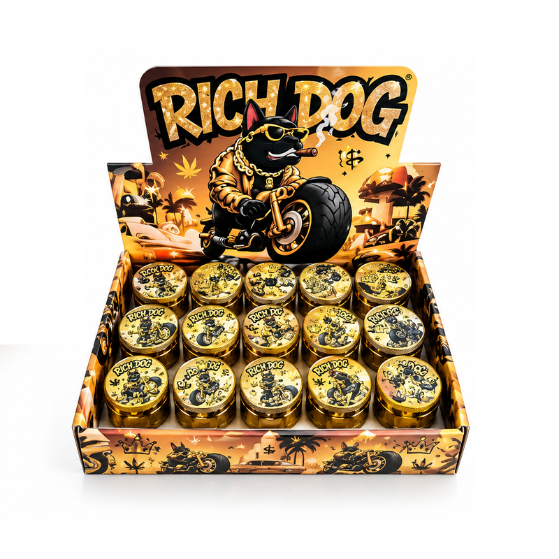 Rich Dog Gold Design Herb Grinders – Assorted Designs 50mm – 12-Piece Display | SS-1818