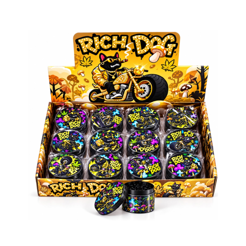 Rich Dog Gold Design Herb Grinders – Assorted Designs 63mm – 12-Piece Display | SS-2419