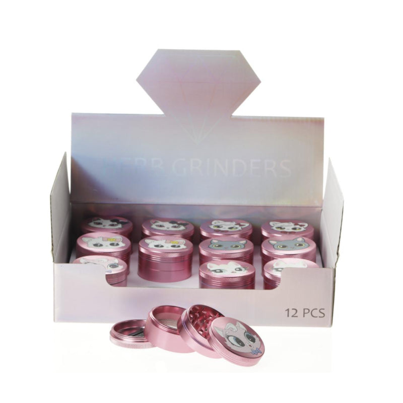 63mm Pink Cartoon Cat Metal Grinder – Assorted Cute Animal Designs 12 Pack SS-2529
