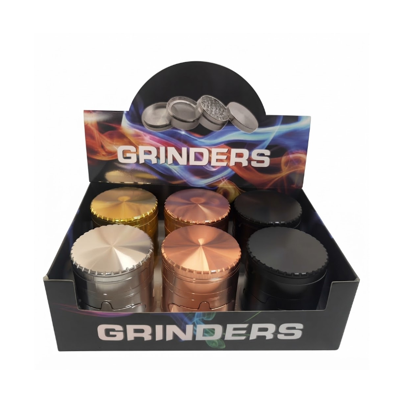 Premium Metal Herb 63mm Grinder Set – 6 Piece Display Box | with Clear Lid Assorted Colors SS-2547