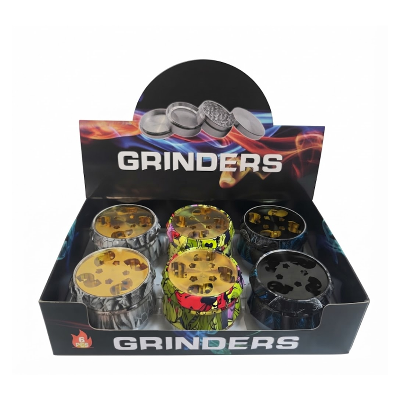 Premium Metal Herb 63mm Grinder Set – 6 Piece Display Box | with Clear Lid Assorted Colors SS-2554