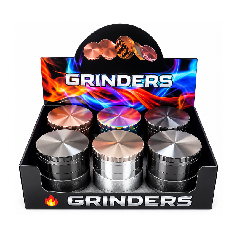 Premium Metal Herb 63mm Grinder Set – 6 Piece Display Box | with Clear Lid Assorted Colors SS-2585