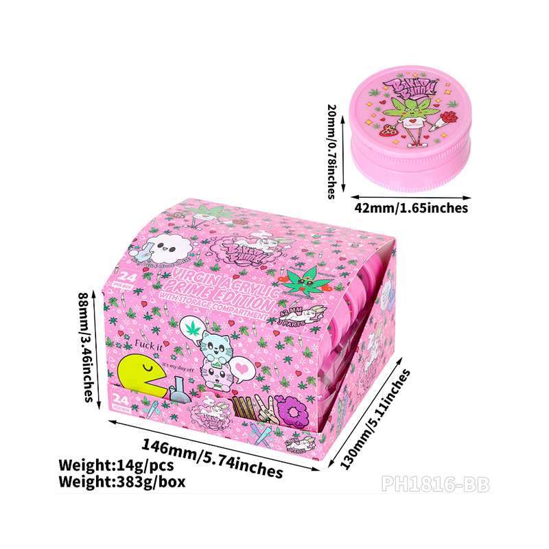 Pink Printed Acrylic Grinder – Assorted Cartoon Designs, 42mm, 24 Pieces per Box SS-3102. A
