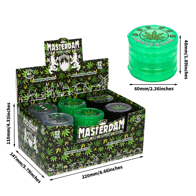 Amsterdam 60mm 4-Layer Acrylic Grinder with Storage Compartment – 12 PCS Display Box SS-3188 J