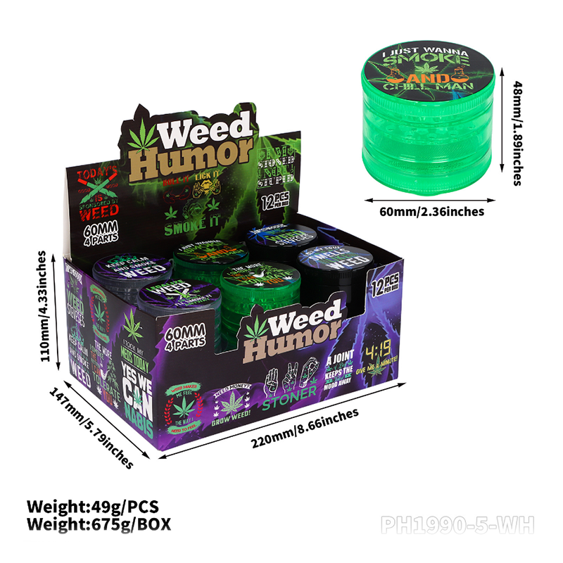 Weed Humor 60mm 4-Part Acrylic Grinder with Storage Compartment – 12 PCS Display Box SS-3195 K