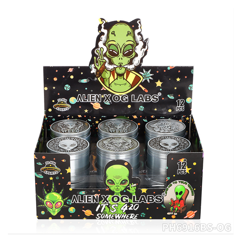 Alien X OG Labs 50mm 4-Part Metal Grinder – 12 Piece Display Box SS-3317 W